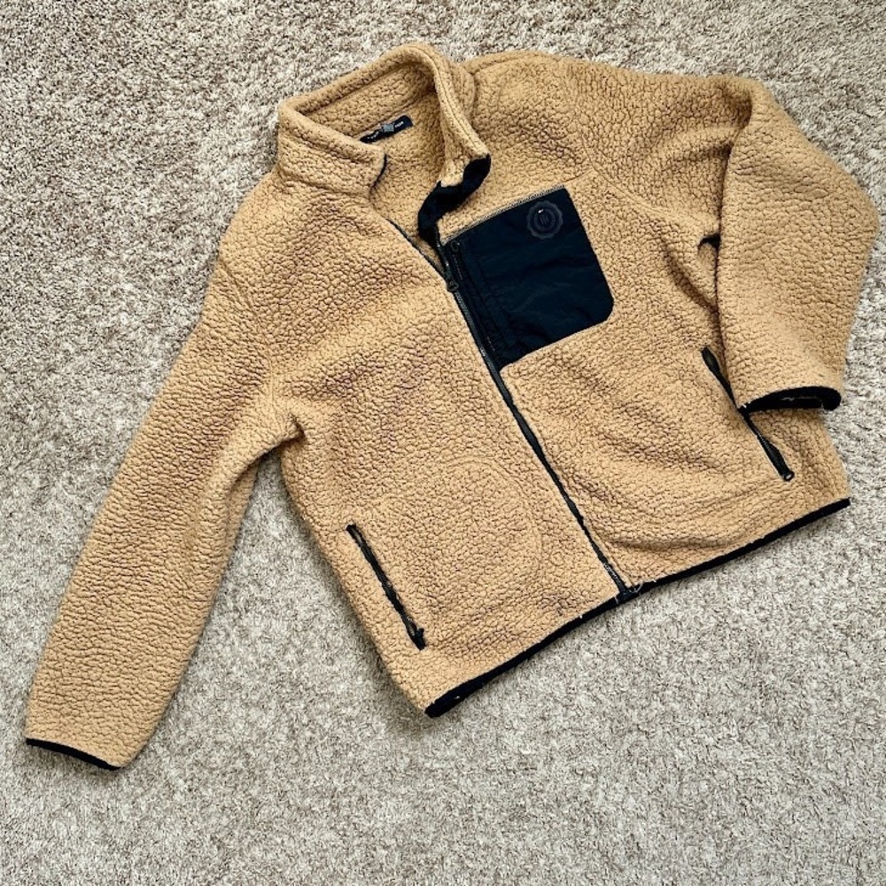 Tommy Hilfiger Sherpa Fleece Jacket I Tan Black Zip Up Casual Outerwear I XL